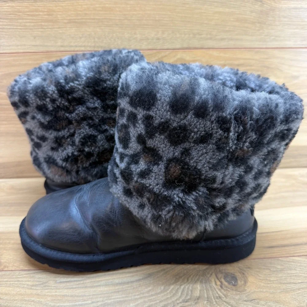 UGG Ellee Leopard Cheetah Print Fur Boots Youth Girls 6 Black Leather Cozy